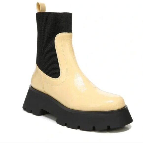 NEW Sam Edelman Circus Leslie Chunky Lug Sole Cream Patent Faux Leather Booties - Picture 2 of 11